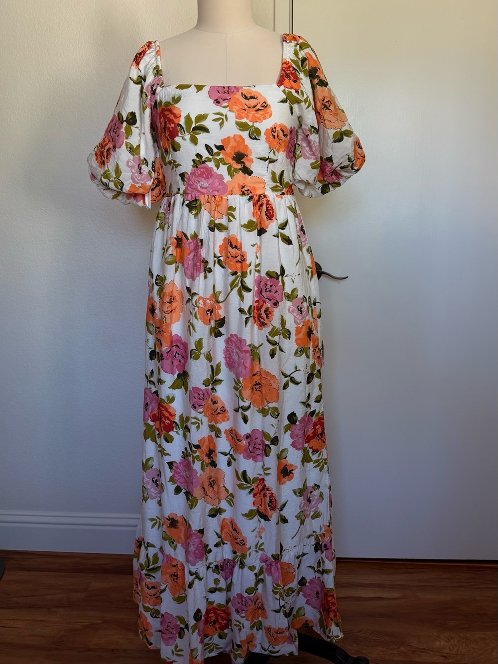 VILA White Floral Maxi Dress with Pink & Orange Blooms